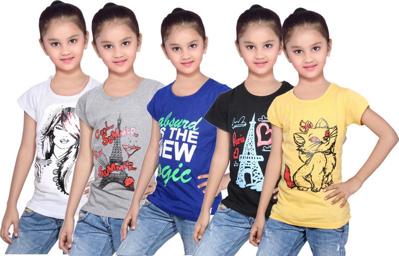 Girls Printed Cotton Blend T Shirt  (Yellow, Pack of 5)