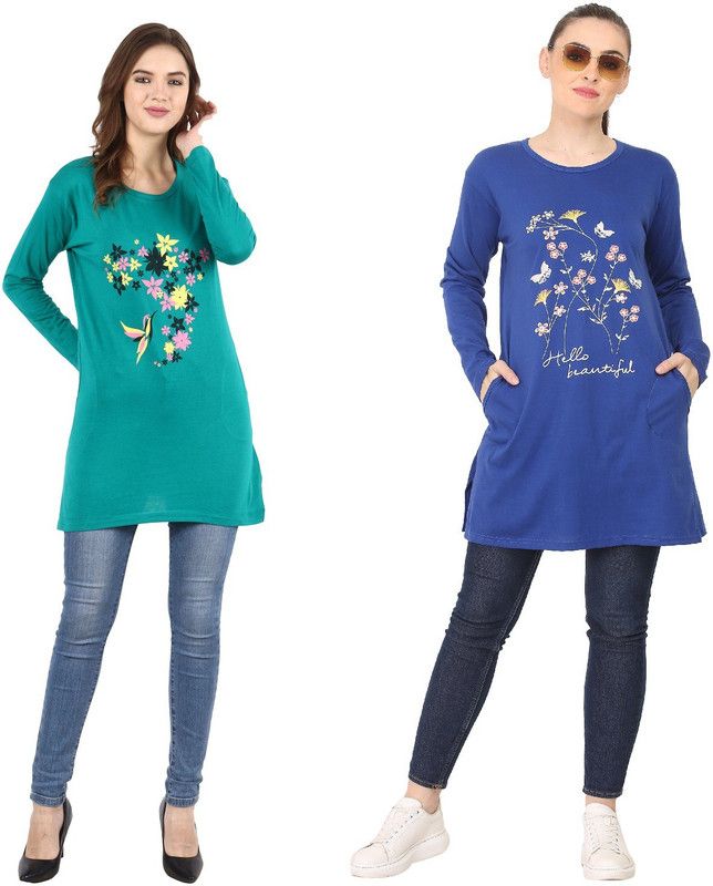 Pack of 2 Women Floral Print Round Neck Cotton Blend Green, Blue T-Shirt