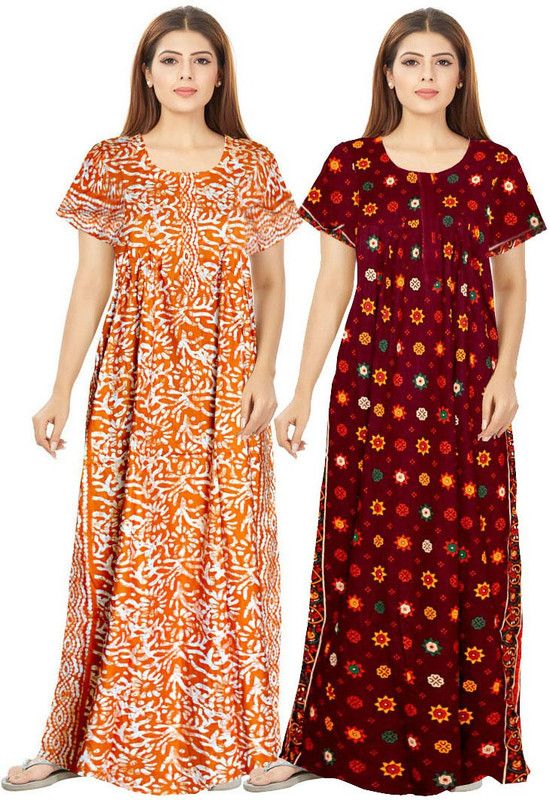 Pack of 2 Women Nighty  (Orange, Maroon)