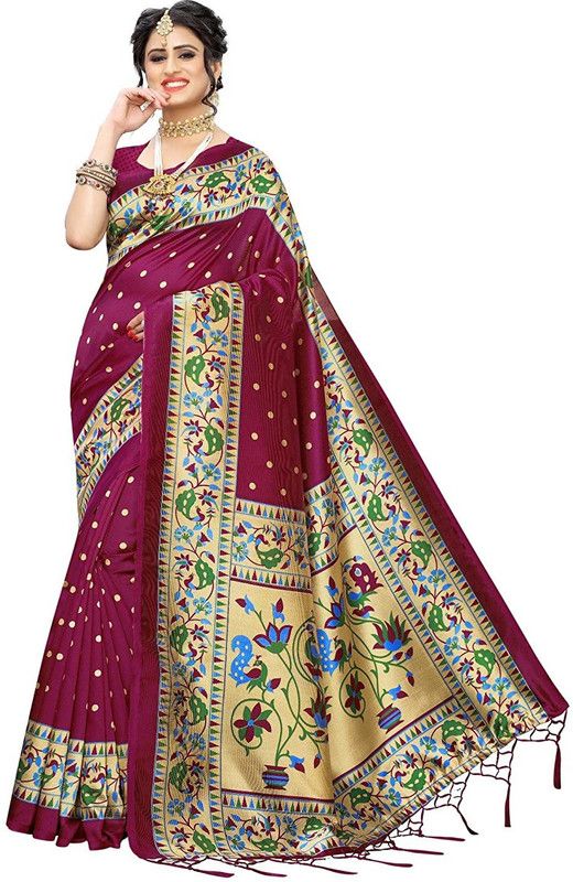 Floral Print Kalamkari Art Silk Saree  (Maroon)