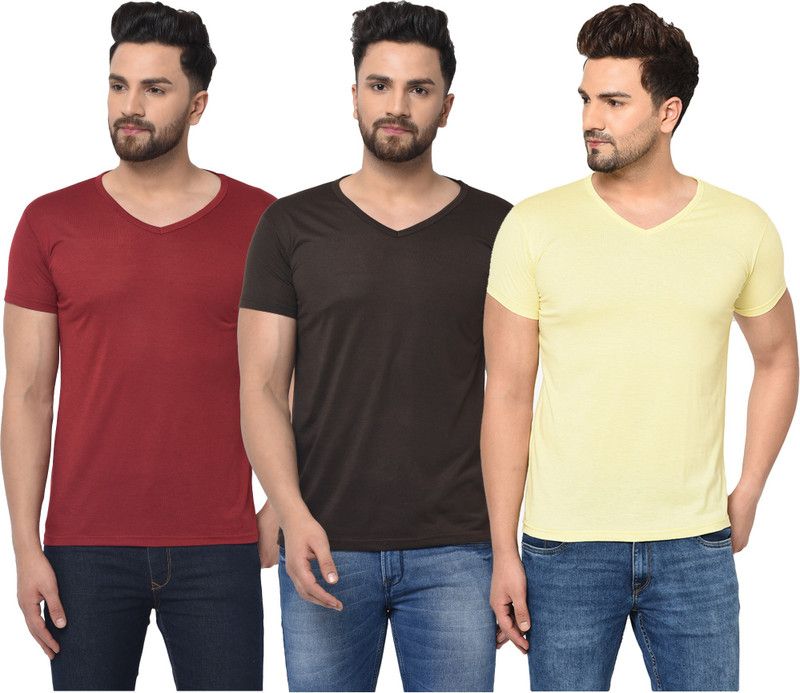 Pack of 3 V Neck T-Shirt Combo of 3 Men Solid V Neck Cotton Blend Maroon, Brown, Yellow T-Shirt