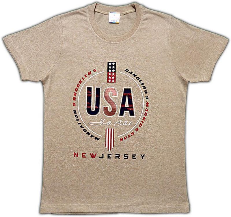 Boys Typography Polycotton T Shirt  (Beige, Pack of 1)