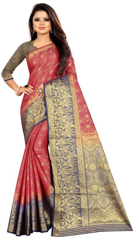 Self Design, Woven Banarasi Pure Silk Saree  (Red, Blue)