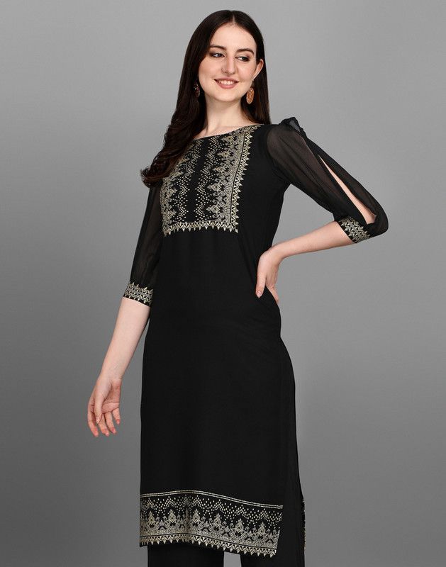 Women Geometric Print, Printed, Checkered, Embellished Cotton Rayon Straight Kurta  (Gold, Black)