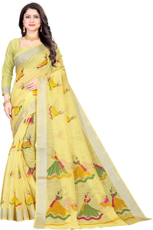Printed Handloom Cotton Linen Saree  (Yellow)