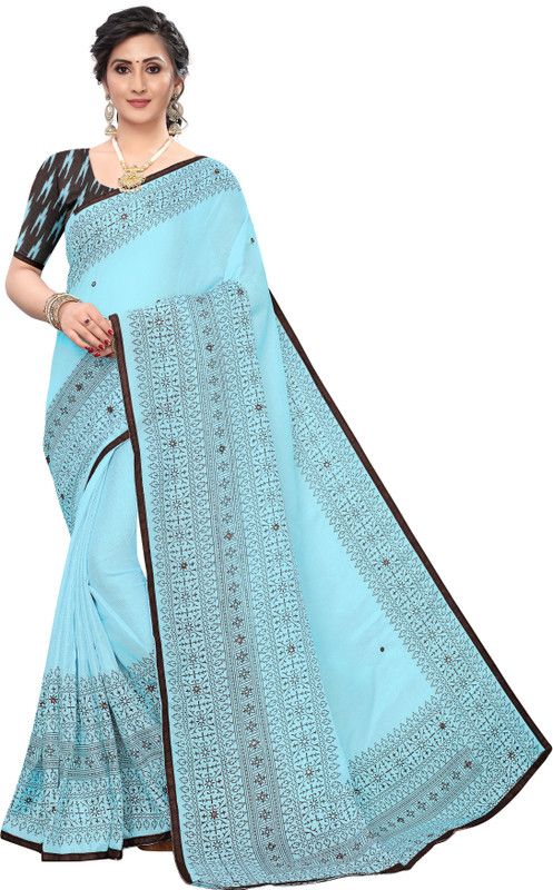 Printed Bollywood Cotton Jute Saree  (Light Blue)