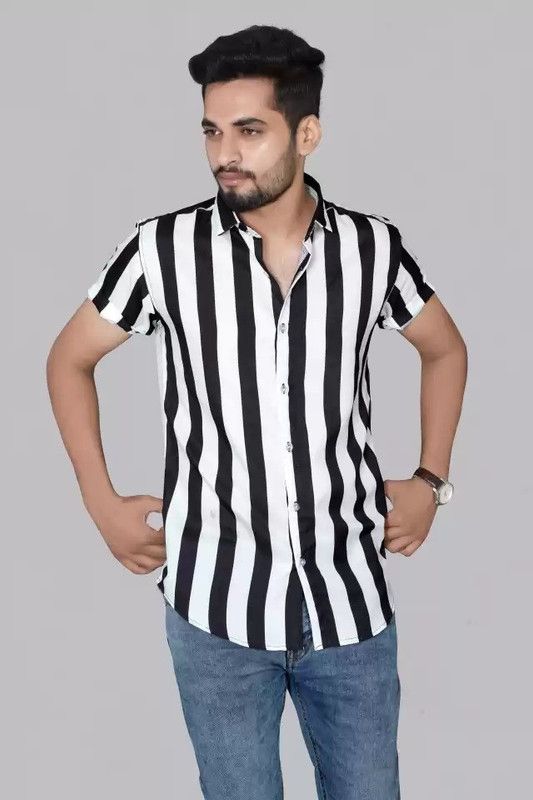 Men Striped Casual White, Black Shirt