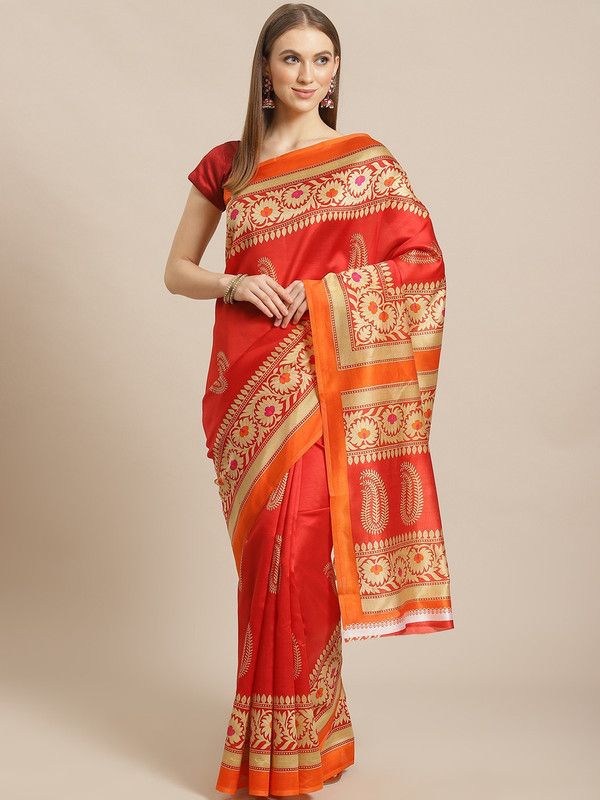 Graphic Print Assam Silk Art Silk, Satin Saree  (Red)