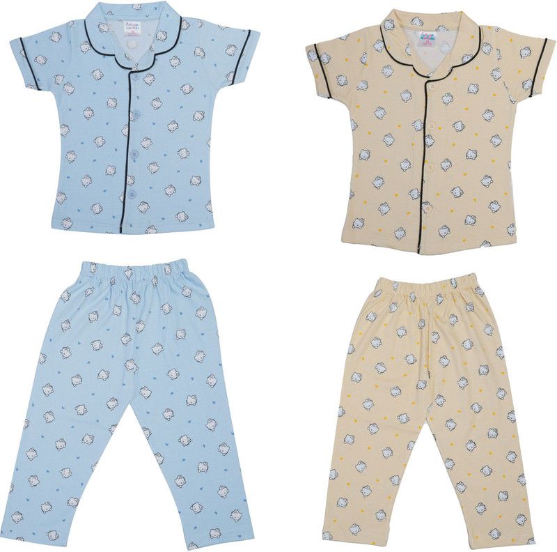 Boys & Girls Printed Pure Cotton Kids Nightwear  (Light Blue Pack of 2)