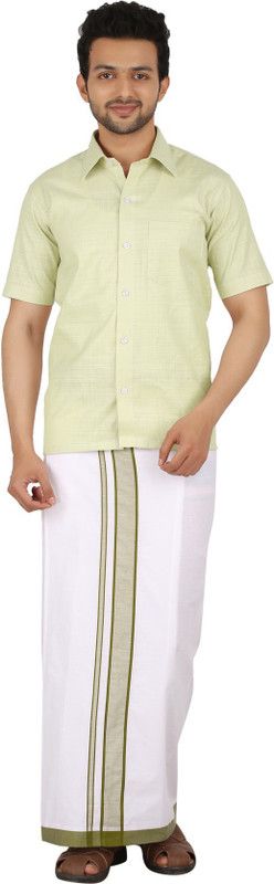 Prakasam Cotton Prakasam Cotton Premium Quality Welcro Pocket Readymade Dhoti( sticker Dhoti) -White Cotton With Mild Green Big Border Solid Men Dhoti