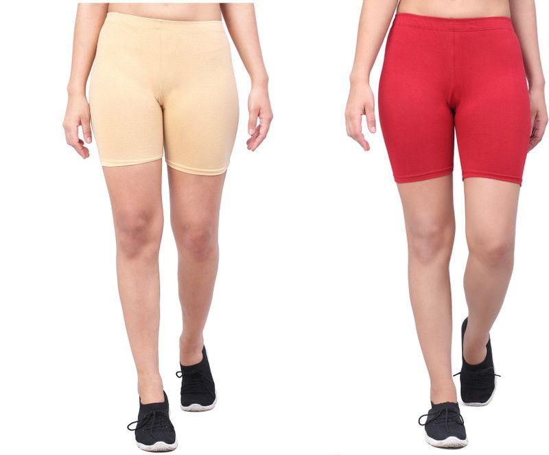 Pack of 2 Solid Women Beige, Maroon Cycling Shorts