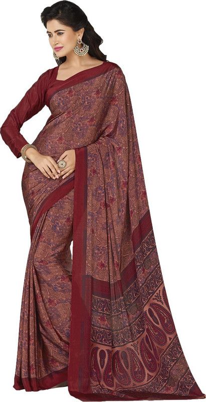 Printed Daily Wear Crepe Saree  (Maroon)