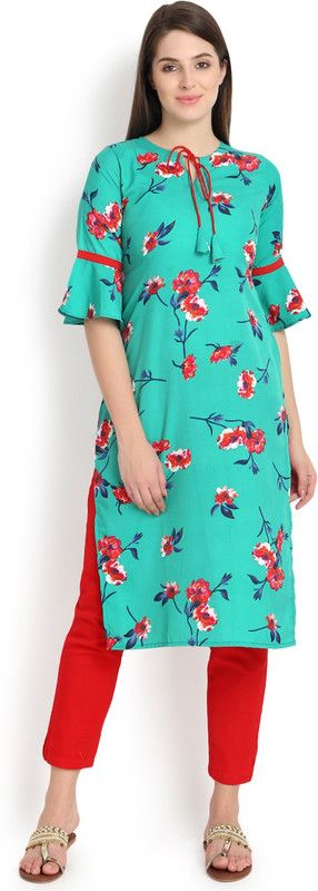 Women Printed Crepe Straight Kurta  (Red, Green)