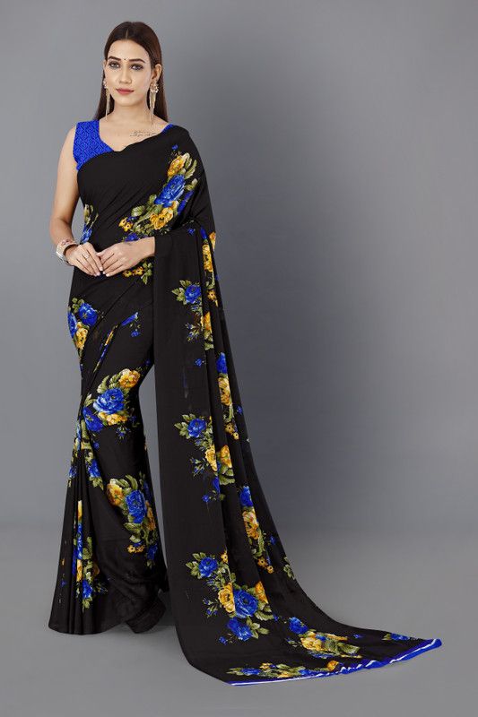 Floral Print Bollywood Georgette Saree  (Blue, Black)
