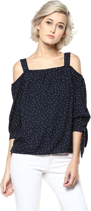 Casual Regular Sleeves Polka Print Women Dark Blue Top