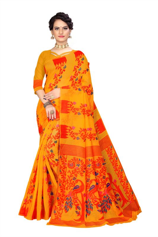 Graphic Print Bollywood Pure Cotton Saree  (Yellow)