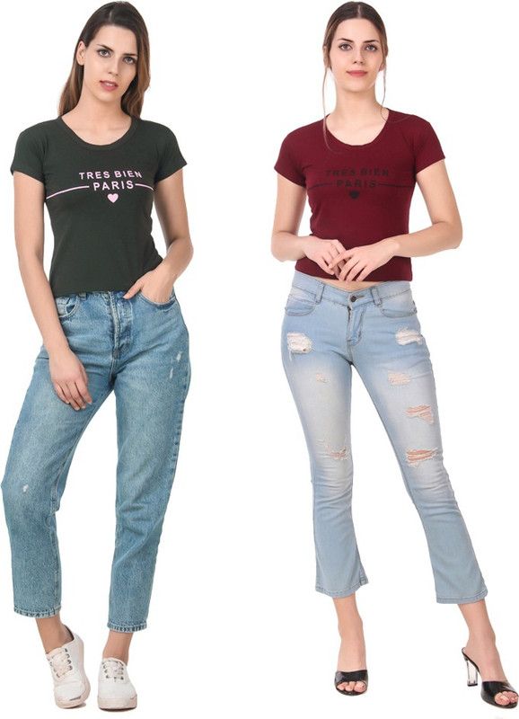 Pack of 2 Casual Regular Sleeves Printed Women Green, Maroon Top