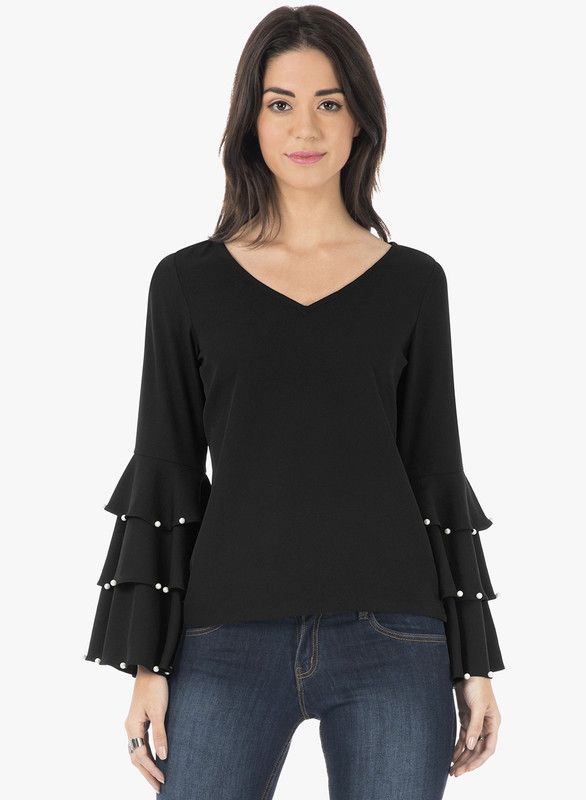 Casual Layered Embellished Women Black Top