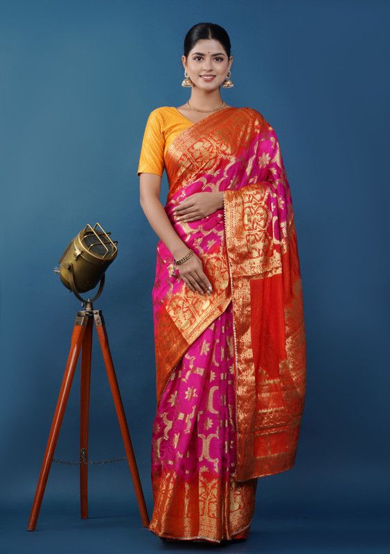 Printed Banarasi Pure Silk Saree  (Pink)
