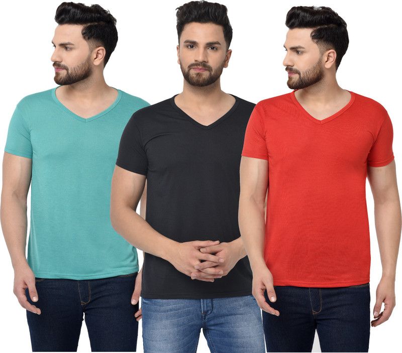 Pack of 3 V neck Combo T-shirts Multicolor Men Solid V Neck Cotton Blend Red, Black, Light Green T-Shirt