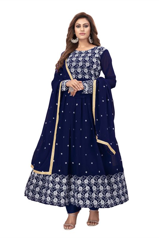 Embroidered Georgette Stitched Anarkali Gown  (Dark Blue)