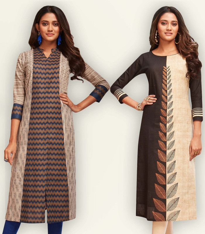 Pack of 2 Women Printed Pure Cotton Straight Kurta  (Beige)