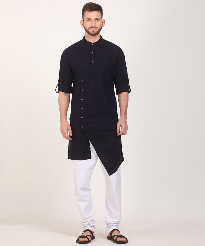 Men Solid Cotton Blend Trail Cut Kurta  (Dark Blue)