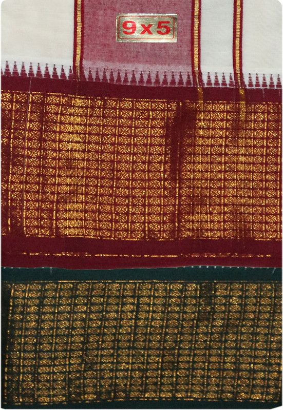 Prakasam Cotton Mens Unbleached 7 inch Border(9x5) Panchakacham dhoti & towel set Solid Men Dhoti