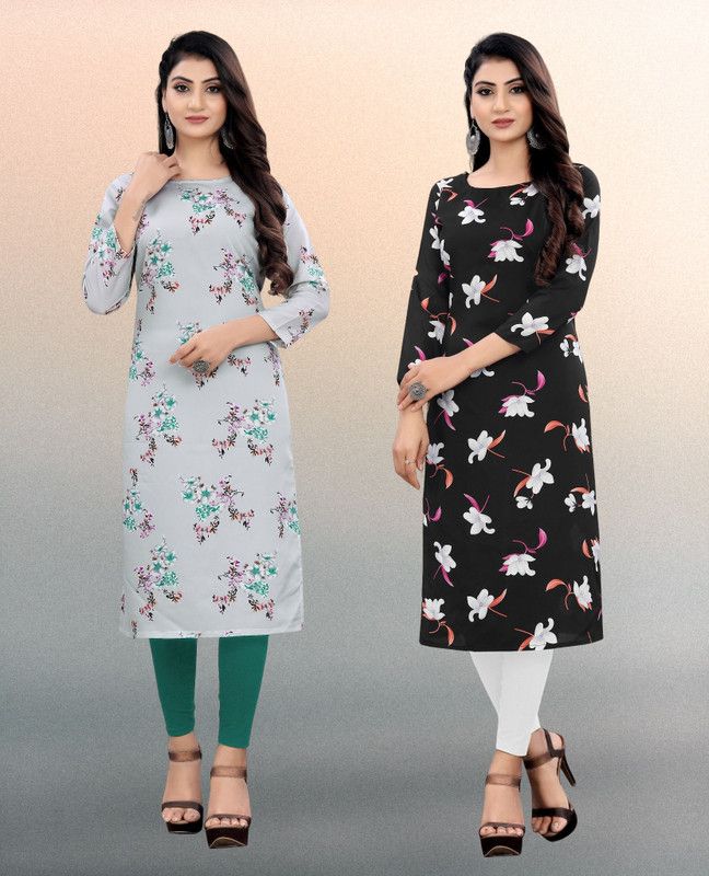 Pack of 2 Women Printed Crepe A-line Kurta  (Black)