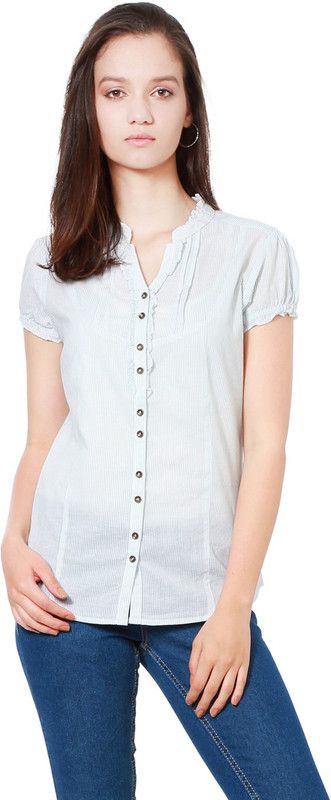 Casual Cap Sleeves Striped Women Light Blue Top