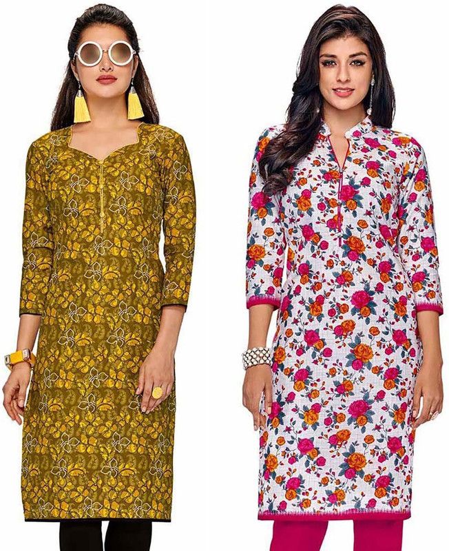 Pack of 2 Women Floral Print Pure Cotton Straight Kurta  (White, Yellow)
