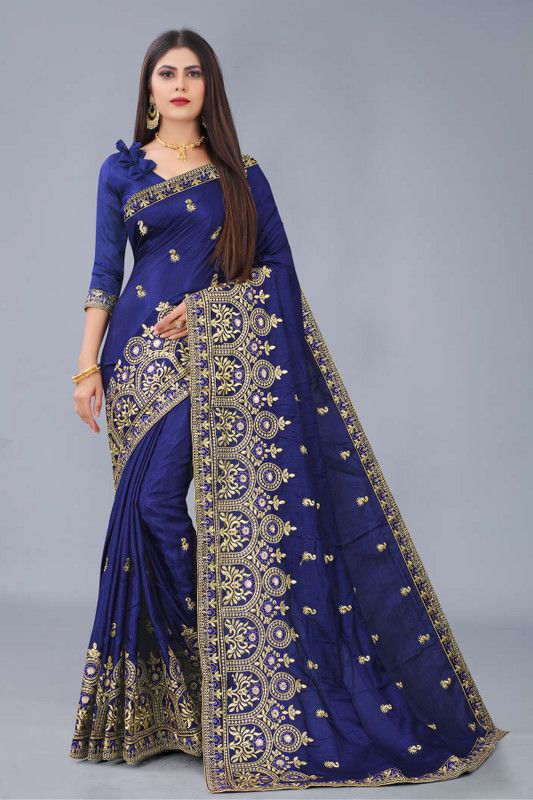 Printed, Self Design, Embroidered Bollywood Silk Blend, Art Silk Saree  (Dark Blue)
