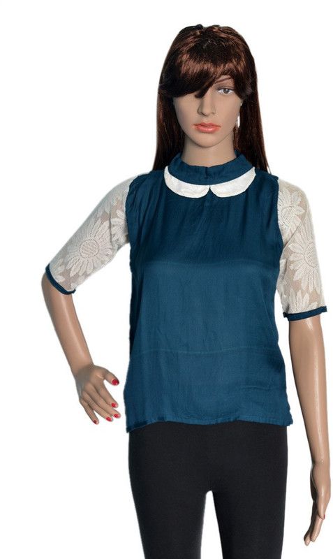 Casual Regular Sleeves Lace, Solid, Color Block Women White, Blue Top
