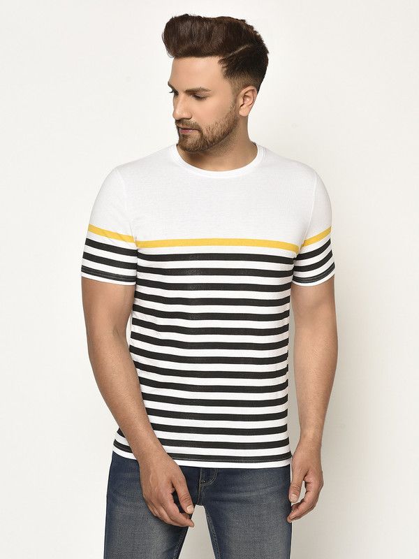 Glito Multi Print Stripe Rountd Neck Half Sleeve T-Shirt For Men Men Striped Round Neck Cotton Blend White, Black T-Shirt