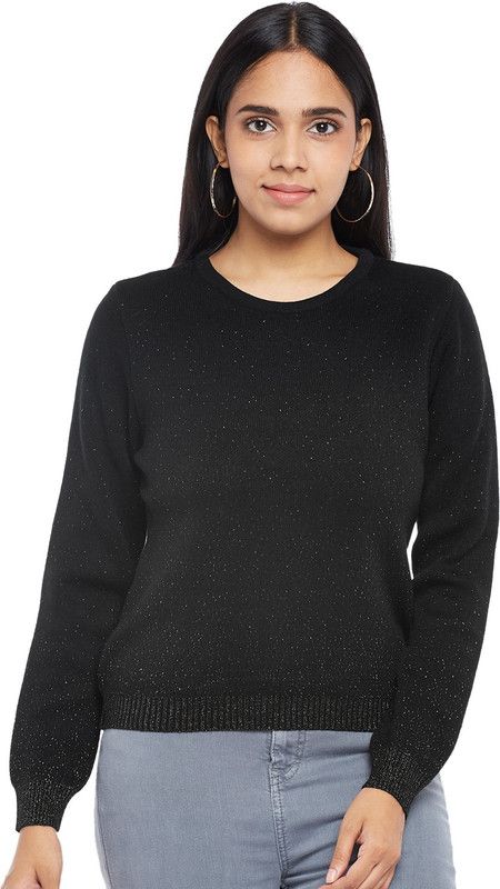 Women Self Design Crew Neck Black Sweater