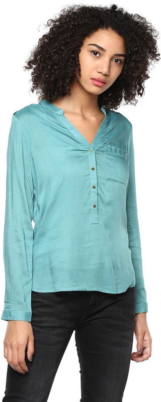 Casual Cuffed Sleeves Solid Women Light Green Top