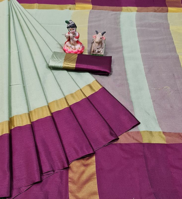 Striped Fashion Cotton Silk Saree  (Light Green)