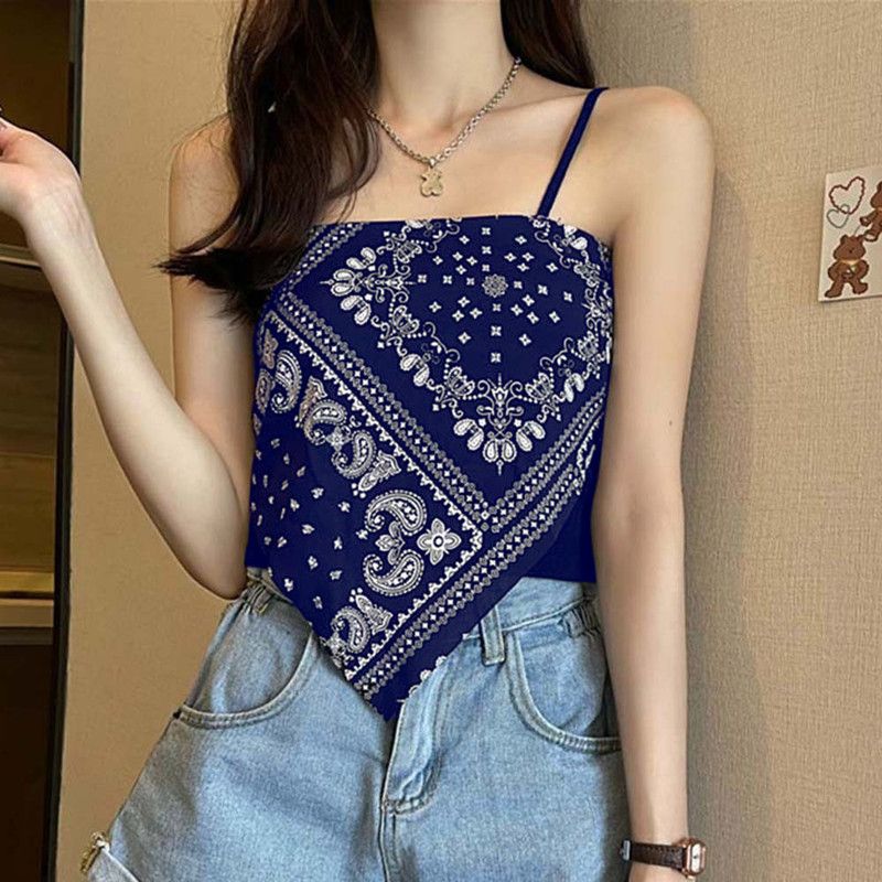 Casual Shoulder Straps Graphic Print Women Blue Top