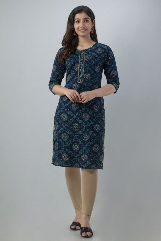 Women Embroidered, Bandhani Cotton Rayon Straight Kurta  (Blue)