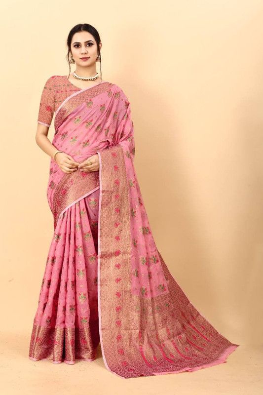 Printed, Self Design, Embellished, Woven, Floral Print, Blocked Printed Banarasi Jacquard, Silk Blend Saree  (Pink)