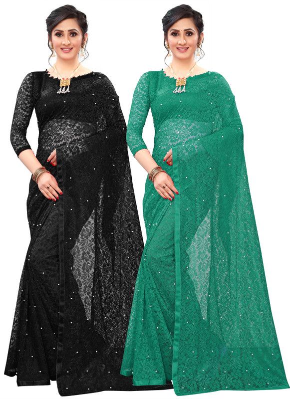 Self Design Bollywood Net Saree  (Pack of 2, Green, Black)