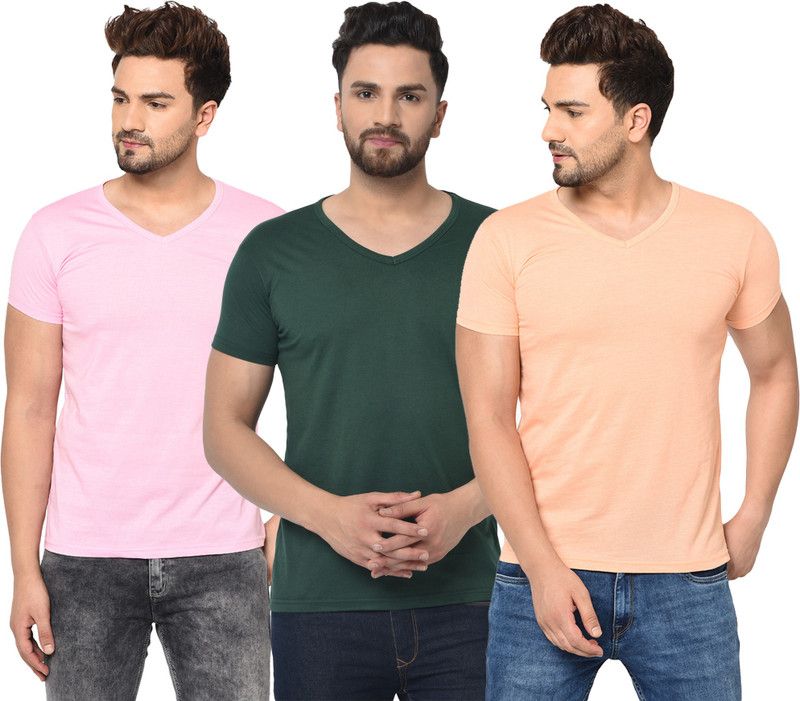 Pack of 3 V neck Combo T-shirts Multicolor Men Solid V Neck Cotton Blend Green, Pink, Beige T-Shirt