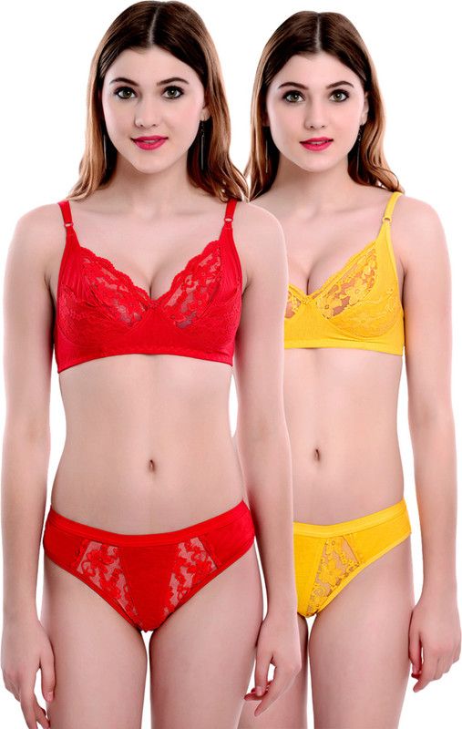 Bra & Panty Set Self Design Orange, Yellow Lingerie Set