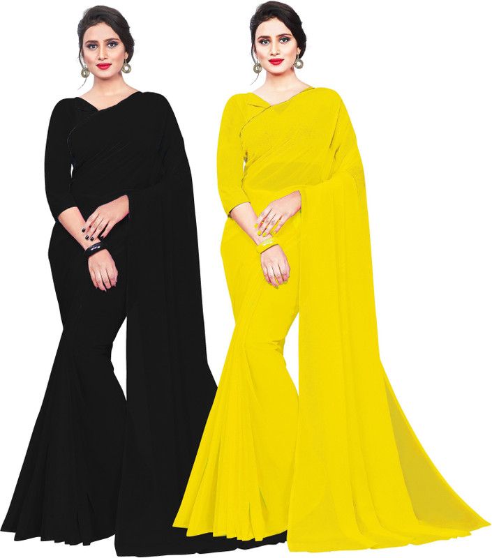 Solid/Plain Daily Wear Georgette Saree  (Pack of 2, Black, Yellow)