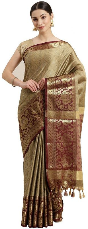 Woven Dharmavaram Jacquard, Pure Silk Saree  (Beige)