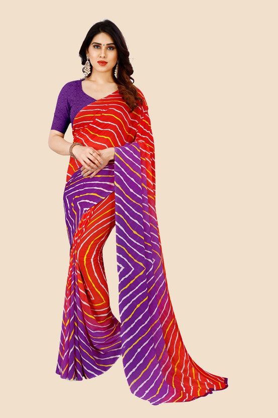 Striped Leheria Georgette Saree  (Purple, Red)