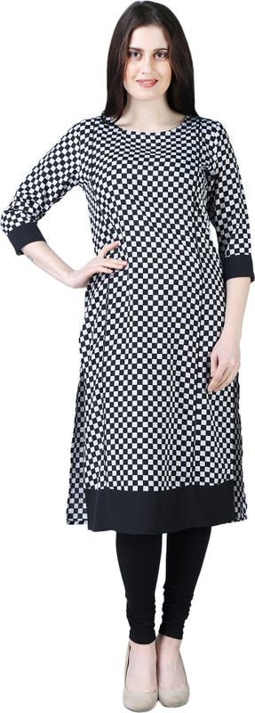 Women Checkered Cotton Blend Straight Kurta  (White, Black)