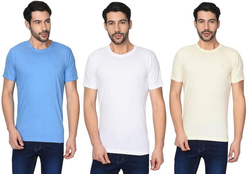Pack of 3 Men Solid Round Neck Pure Cotton White, Blue, Beige T-Shirt