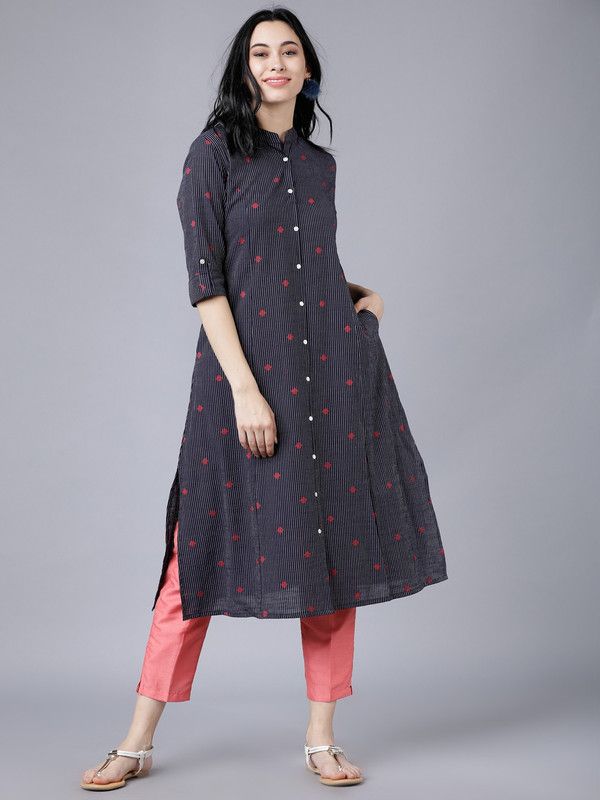 Women Self Design, Striped Cotton Blend A-line Kurta  (Dark Blue)
