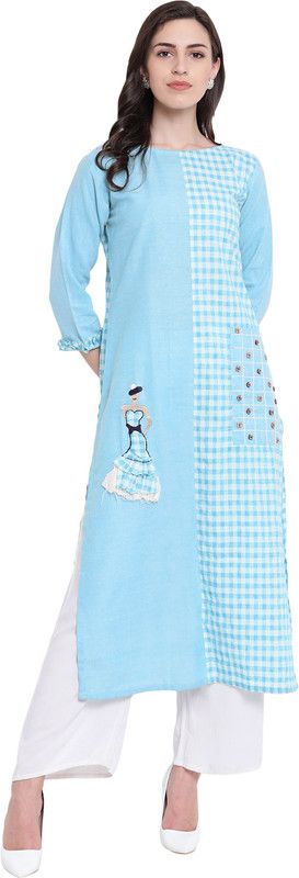 Women Checkered Silk Blend Straight Kurta  (Blue)